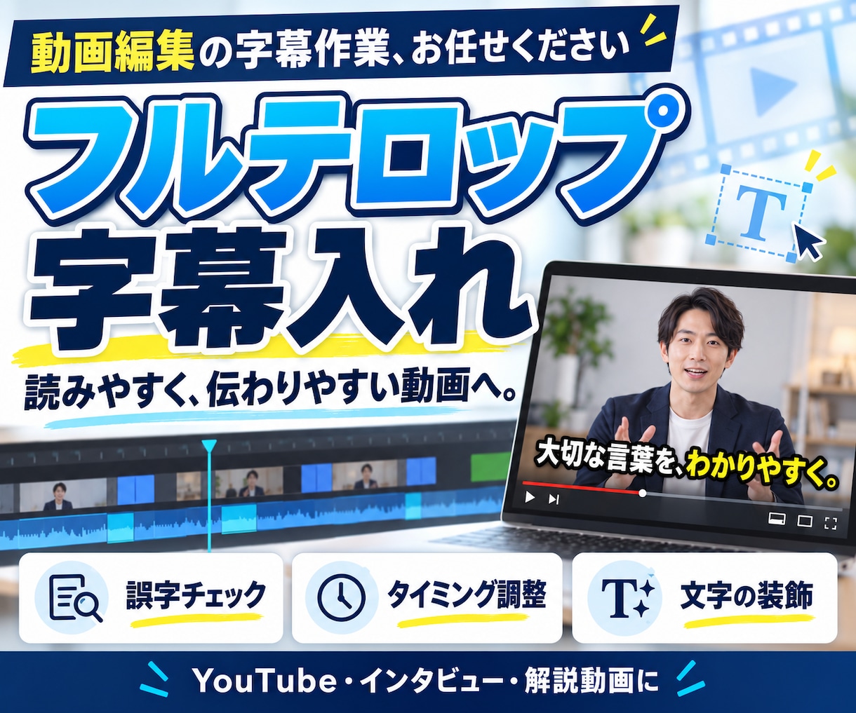 動画に、読みやすいフルテロップ・字幕を入れます 言葉が伝わる丁寧な字幕編集で、動画づくりをサポート！ イメージ1