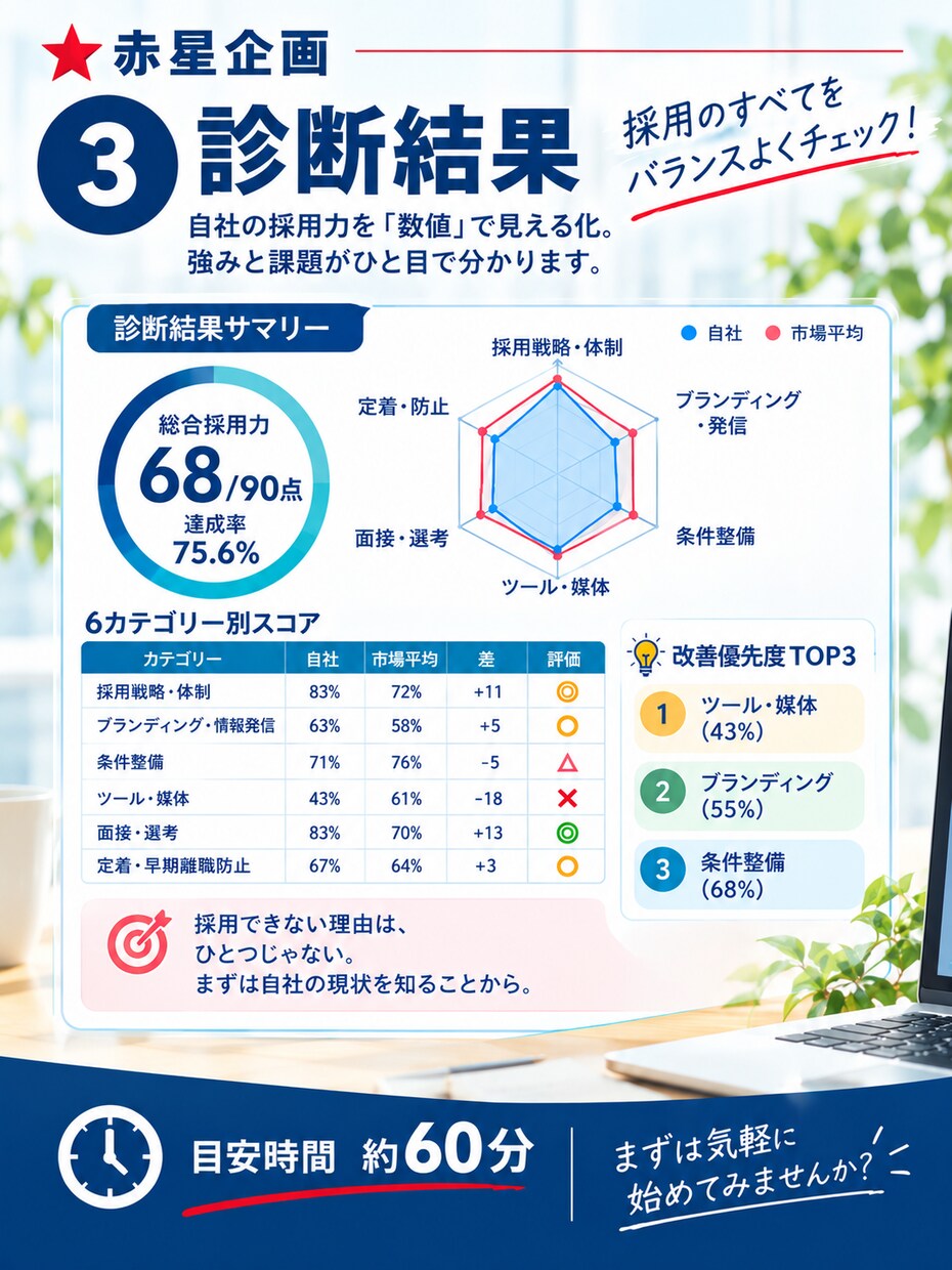 地方中小企業向け：新卒採用力セルフ診断できます 「なぜ採れない？」を45項目で見える化します。 イメージ3