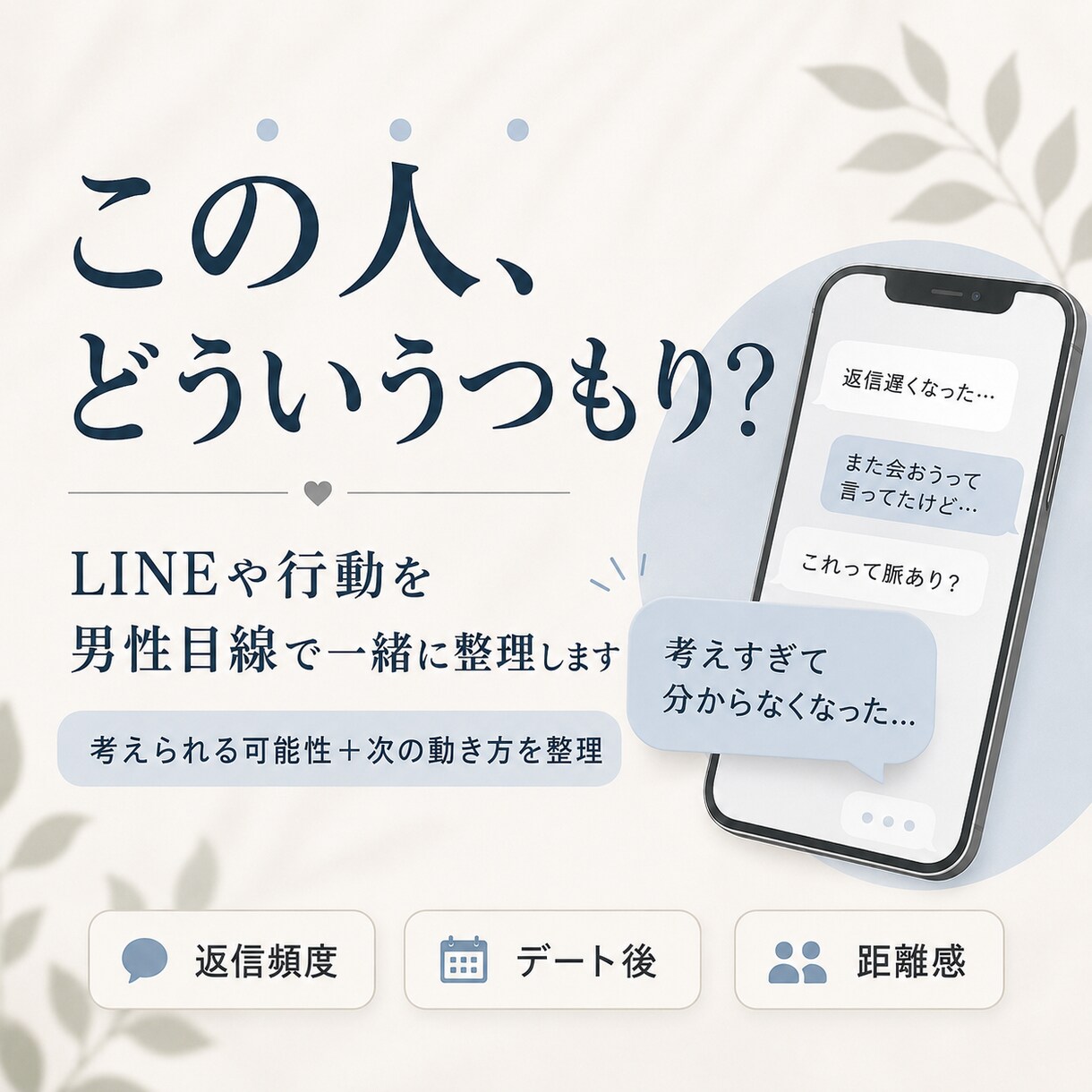 相手のLINEや行動を男性目線で一緒に整理します 脈あり？距離を置かれてる？考えすぎる前に一緒に整理します イメージ1