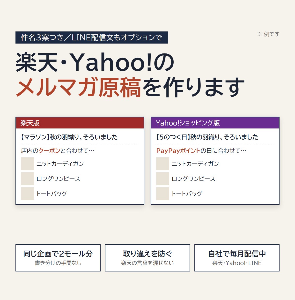 楽天・Yahooのメルマガ原稿を作成します 件名3案つき／楽天版とYahoo版を同時に イメージ1
