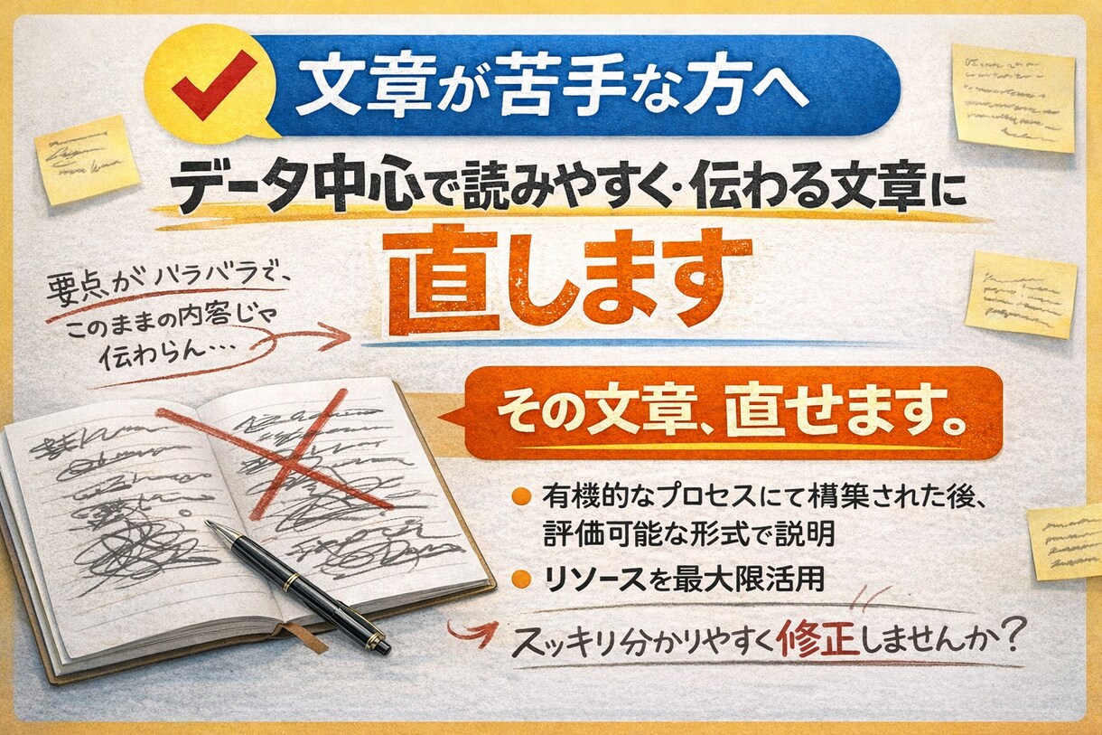 文章が苦手な方へ読みやすく・伝わる文章に直します 意味はそのまま、伝わる文章に整えます。 イメージ1