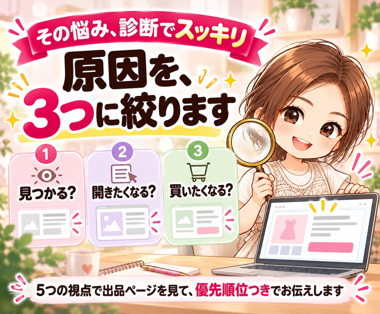 ココナラ出品ページ診断|売れない原因3つ診断します サムネ・タイトル・説明文を、まるごと診断　ココナラ添削 イメージ4