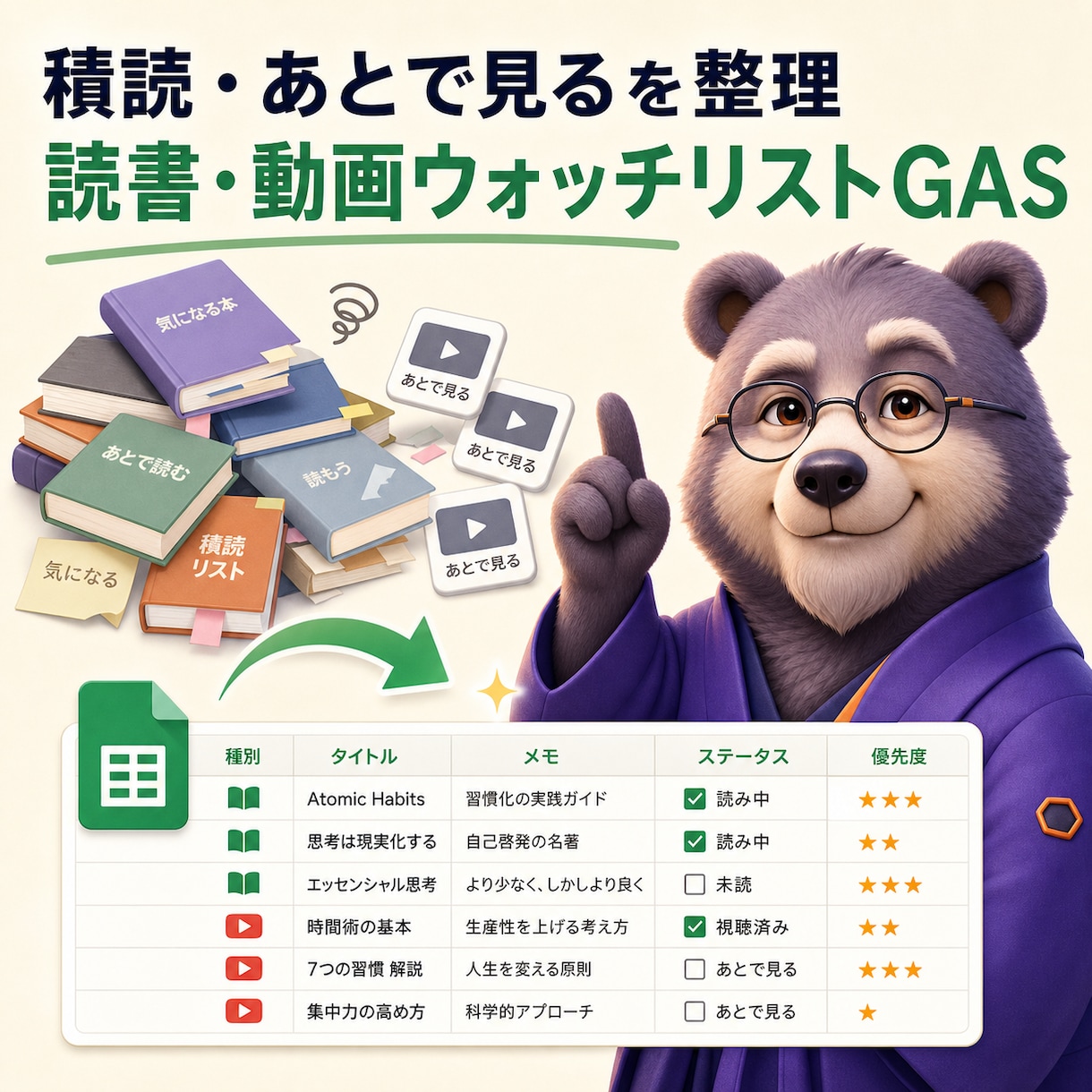 読書・動画ウォッチリストをGASで整理します 積読と保存動画を自動で見える化します イメージ1