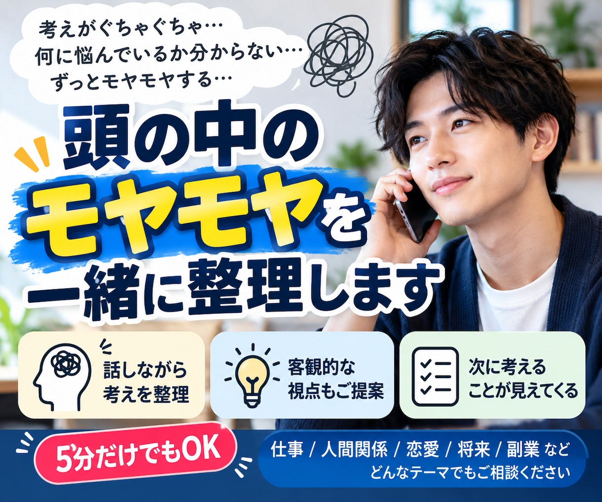 短時間OK｜頭の中のモヤモヤを一緒に整理します 何に悩んでいるか分からなくてもOK！話をしながら考えを言語化 イメージ1