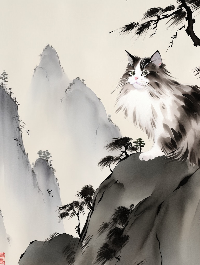 水墨画風/猫/イラストを作成します 猫飼い主向け/水墨画風イラスト