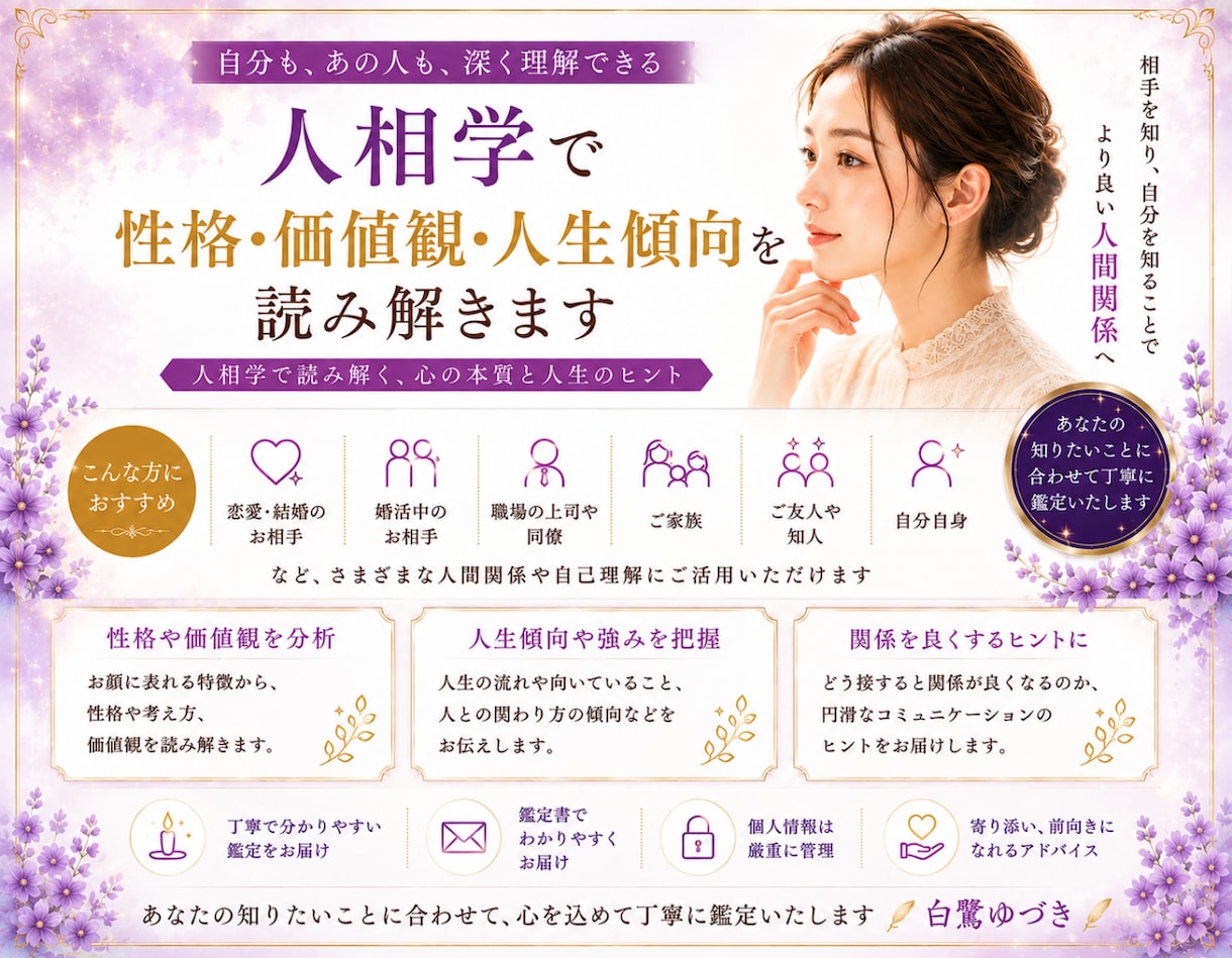 人相学で性格・価値観・人生傾向を読み解きます 相手や自分を知り、人間関係や人生のヒントをお伝えします イメージ1