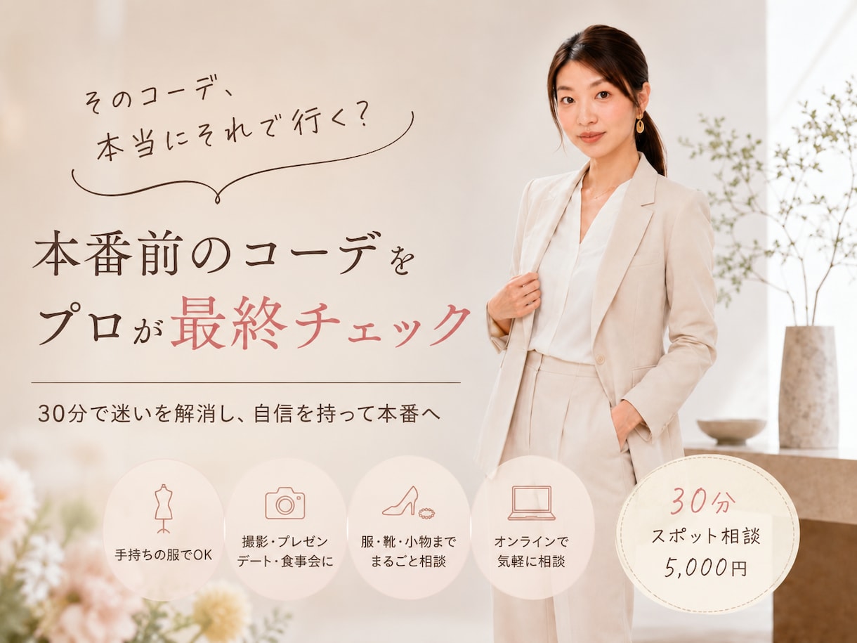聞いてよかった、印象戦略クリエイターが仕上げます あなたのコーディネート、最終チェックはプロにお任せください イメージ1