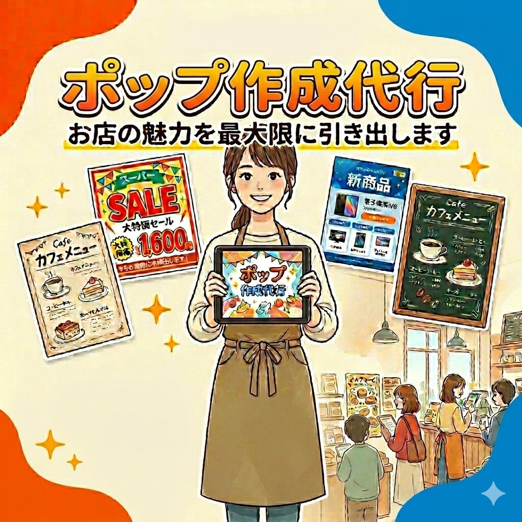 忙しい店主様に代わってポップなど作成します 忙しい店主に代わり、お客様の目を惹くPOPを丁寧に作成！ イメージ1
