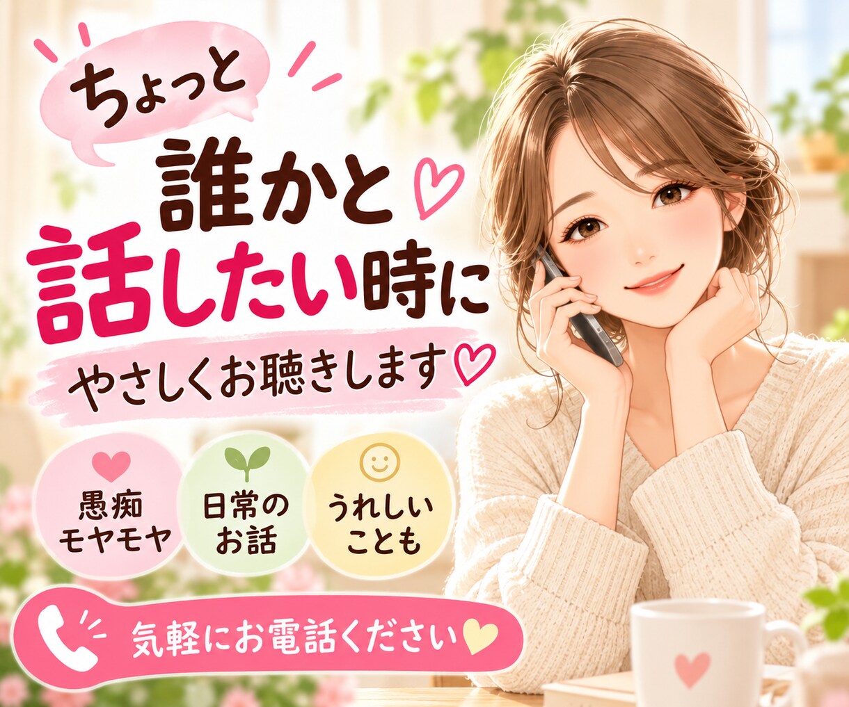 ちょっと誰かと話したい時♡やさしくお聴きします 愚痴・寂しさ・モヤモヤも♡気軽にお話しください イメージ1