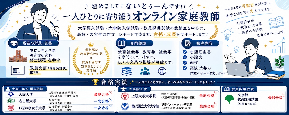 東大院生が大学編入・大学院入試の相談に乗ります 受験経験と教育研究の知見を生かし、合格まで伴走します イメージ2