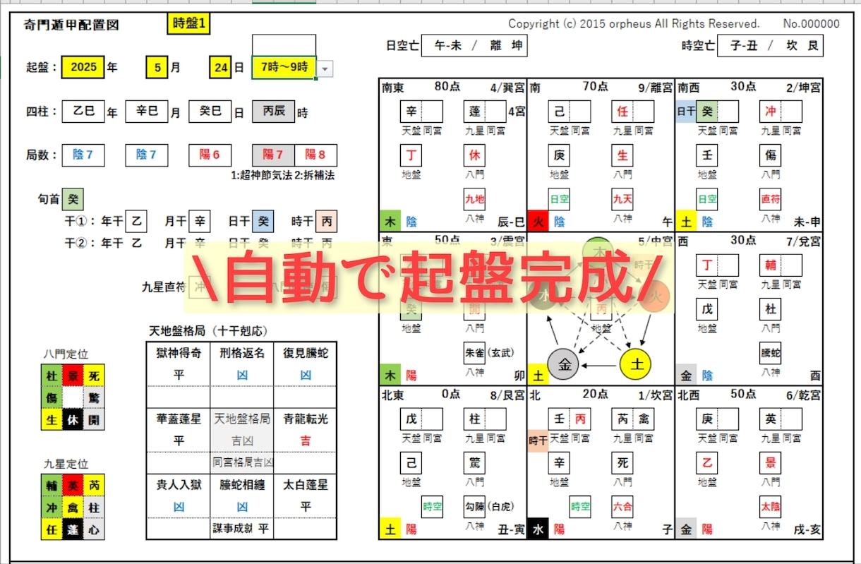 奇門遁甲システムExcel版を販売します 難しい奇門遁甲盤が瞬時に自動で作盤されます！ イメージ4