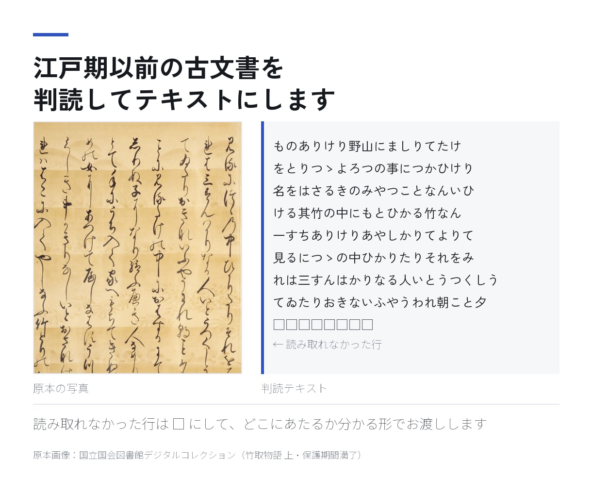 くずし字・古文書を判読してテキストにします 江戸期以前の原本写真から、翻刻テキストと行対応表を渡します イメージ1