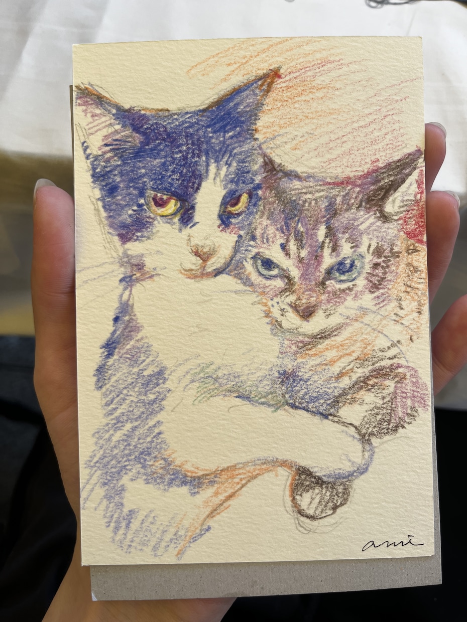 色鉛筆でペットの似顔絵ポストカード制作します 色鉛筆で雰囲気のある色味の似顔絵を描きます！ イメージ1