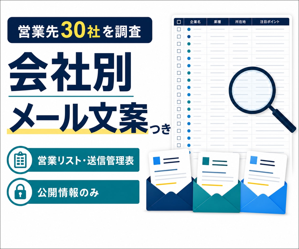 営業先30社を調査し個別メール文案を作成します 会社別の書き出し文と送信管理表までまとめて納品 イメージ1