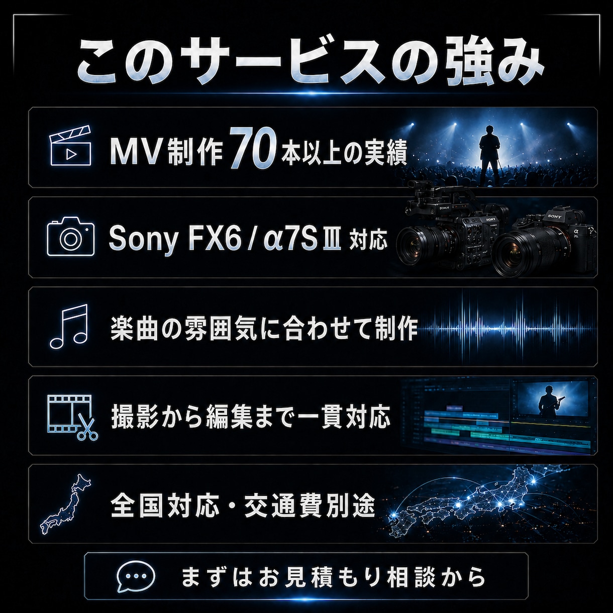MVを撮影から編集まで一貫して制作します MV制作70本以上の経験を活かし、撮影から編集まで対応します イメージ3