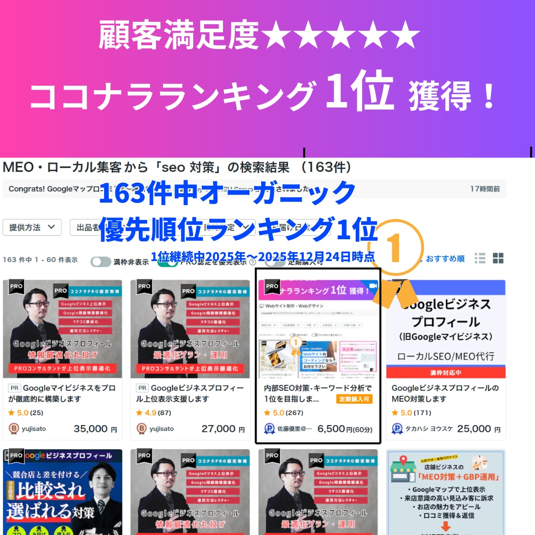 内部SEO対策•キーワード分析で1位を目指します ワンレッスン地域名検索1位の実績多数!全て満点評価で継続中! イメージ1