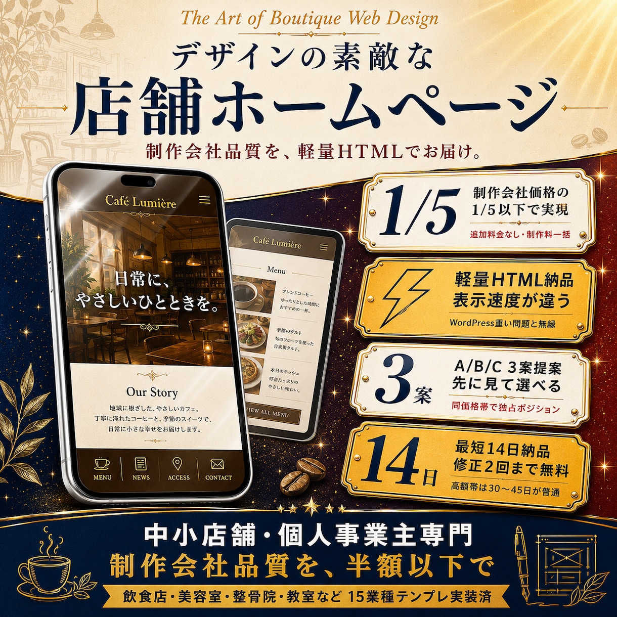 トレンドデザインで店舗ホームページ制作します 写真と雰囲気が伝わる、上質なデザインの店舗HPを制作 イメージ1