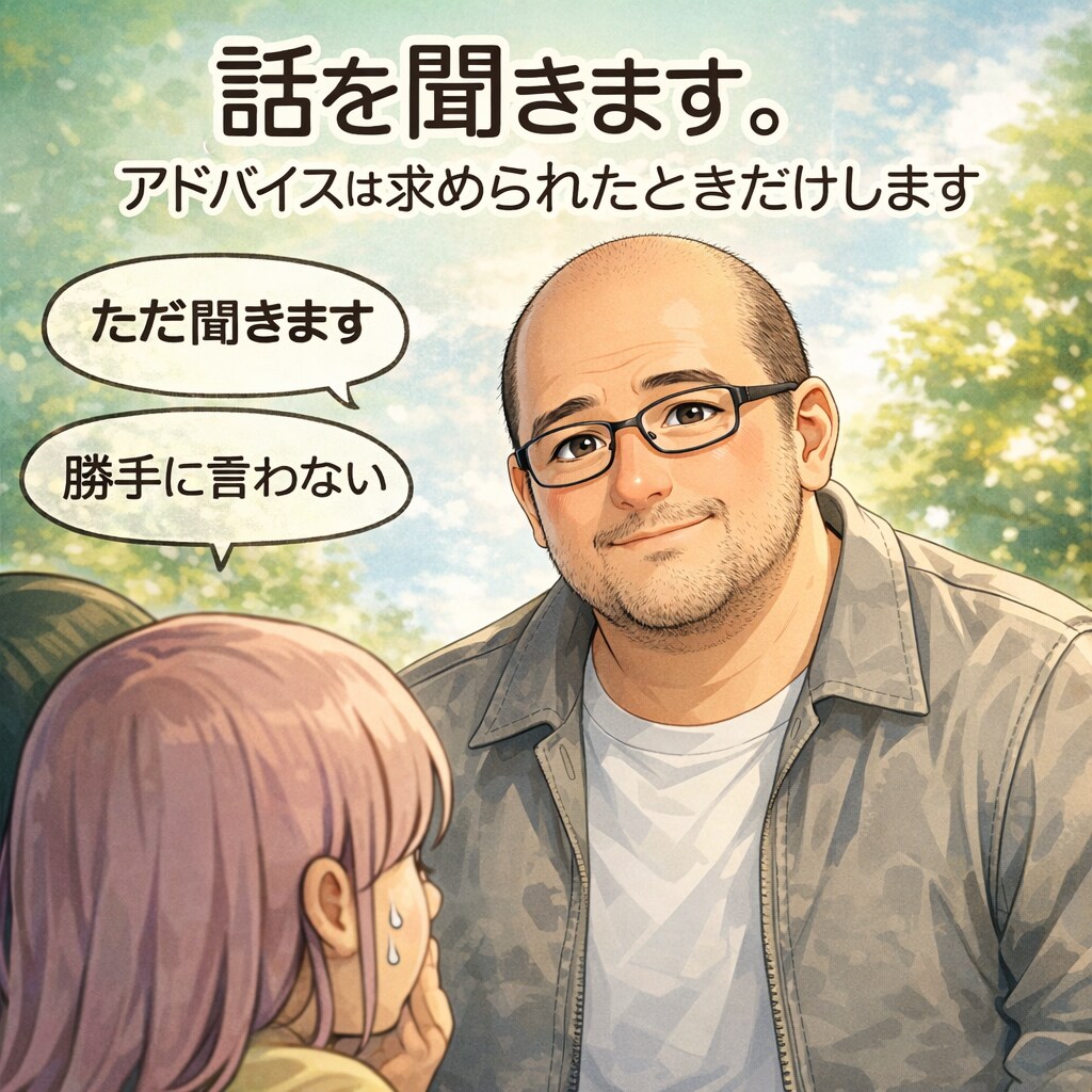 話を聞きます。アドバイスは求められたときだけします 答えも正解も出さず、静かにそばで話を聞きます イメージ1