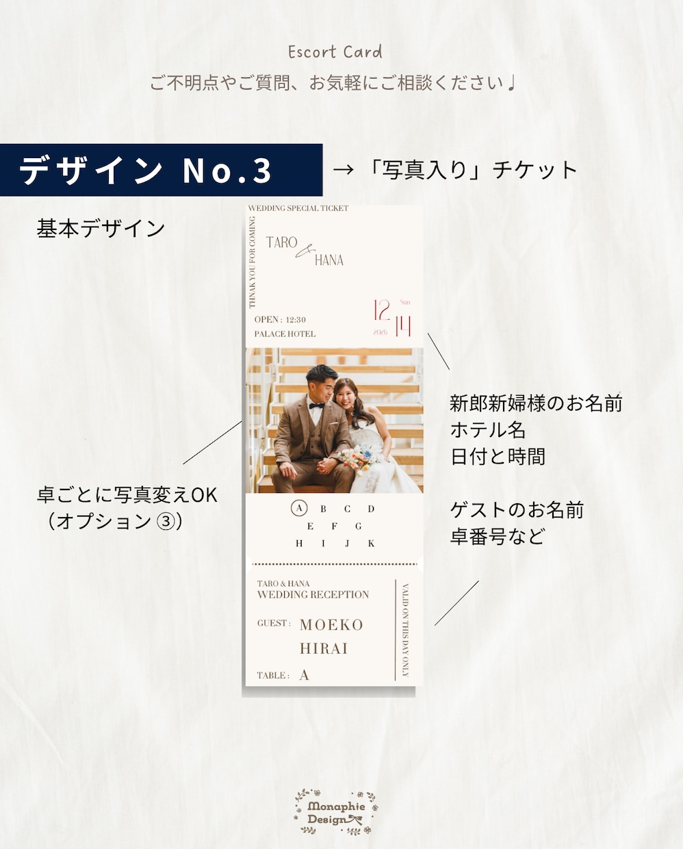 結婚式チケット風◎ 席札・エスコートカード作ります 【最短2週間納品】美術館／コンビニ／写真入り の流行デザイン イメージ5