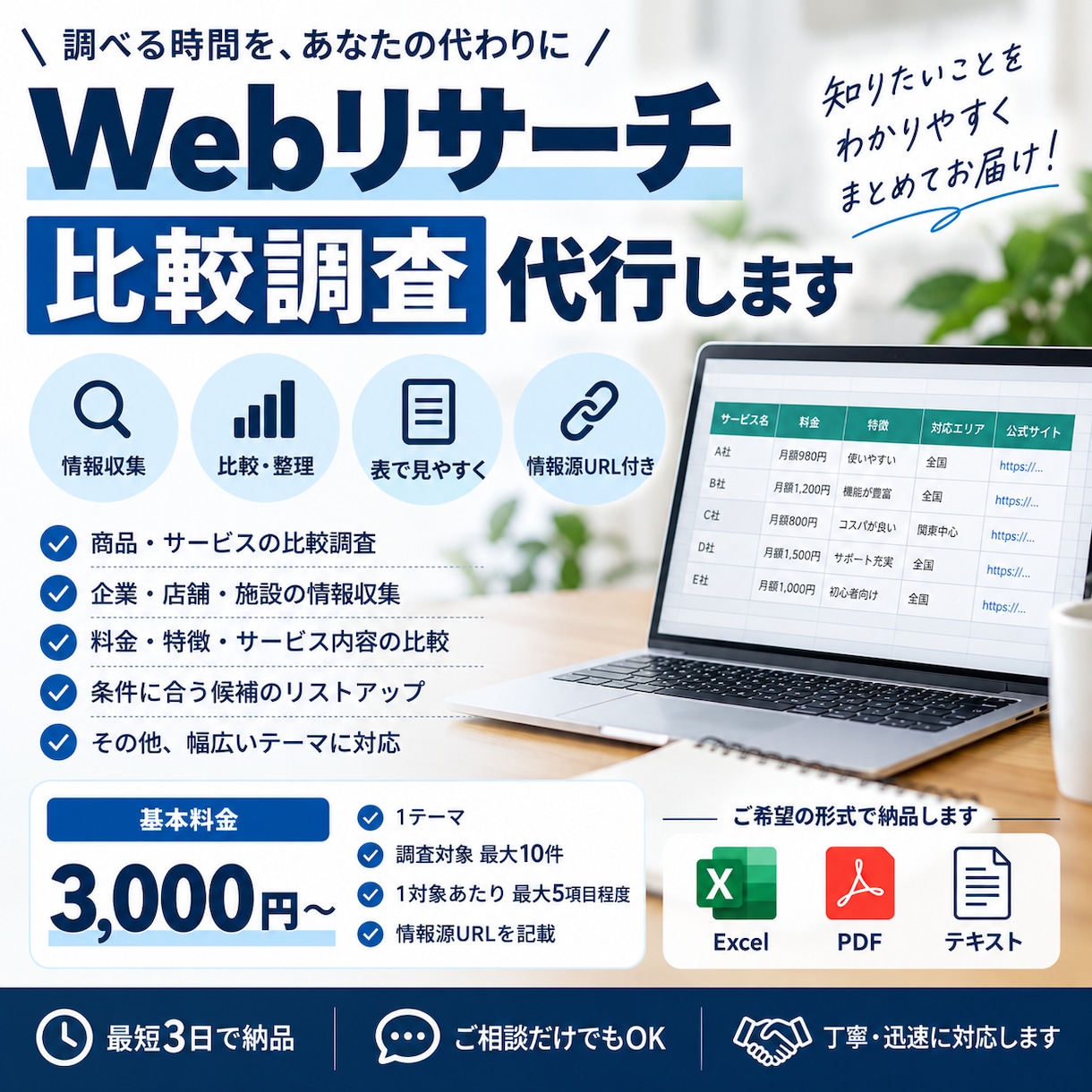 Webで情報収集・比較調査を代行します 面倒なWeb調査を代行し、見やすく整理します イメージ1