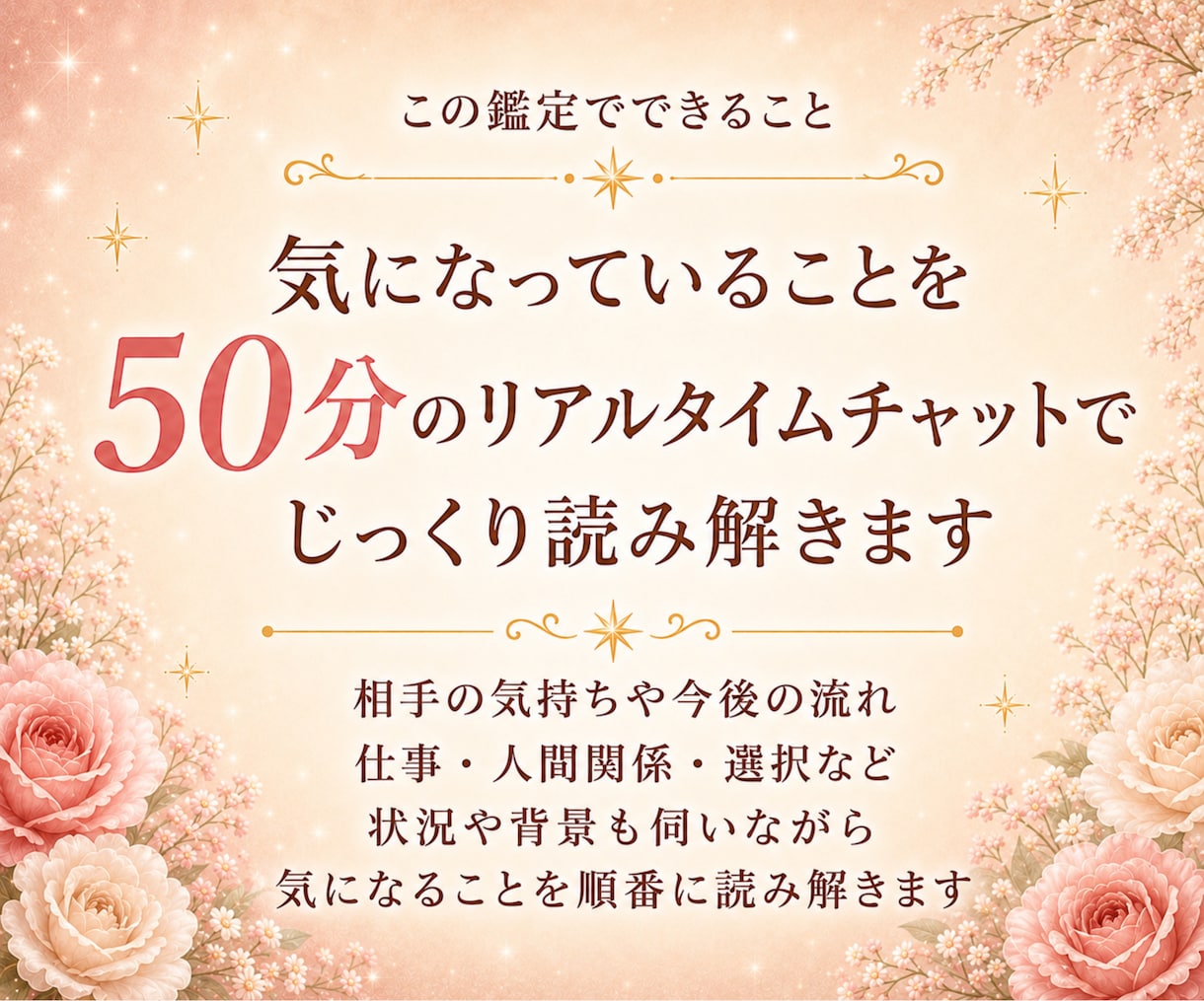 リアルタイム◆50分チャット鑑定【予約制】します 限定価格|悩みを話しながら今の気持ちとこれからを占いで整理 イメージ2