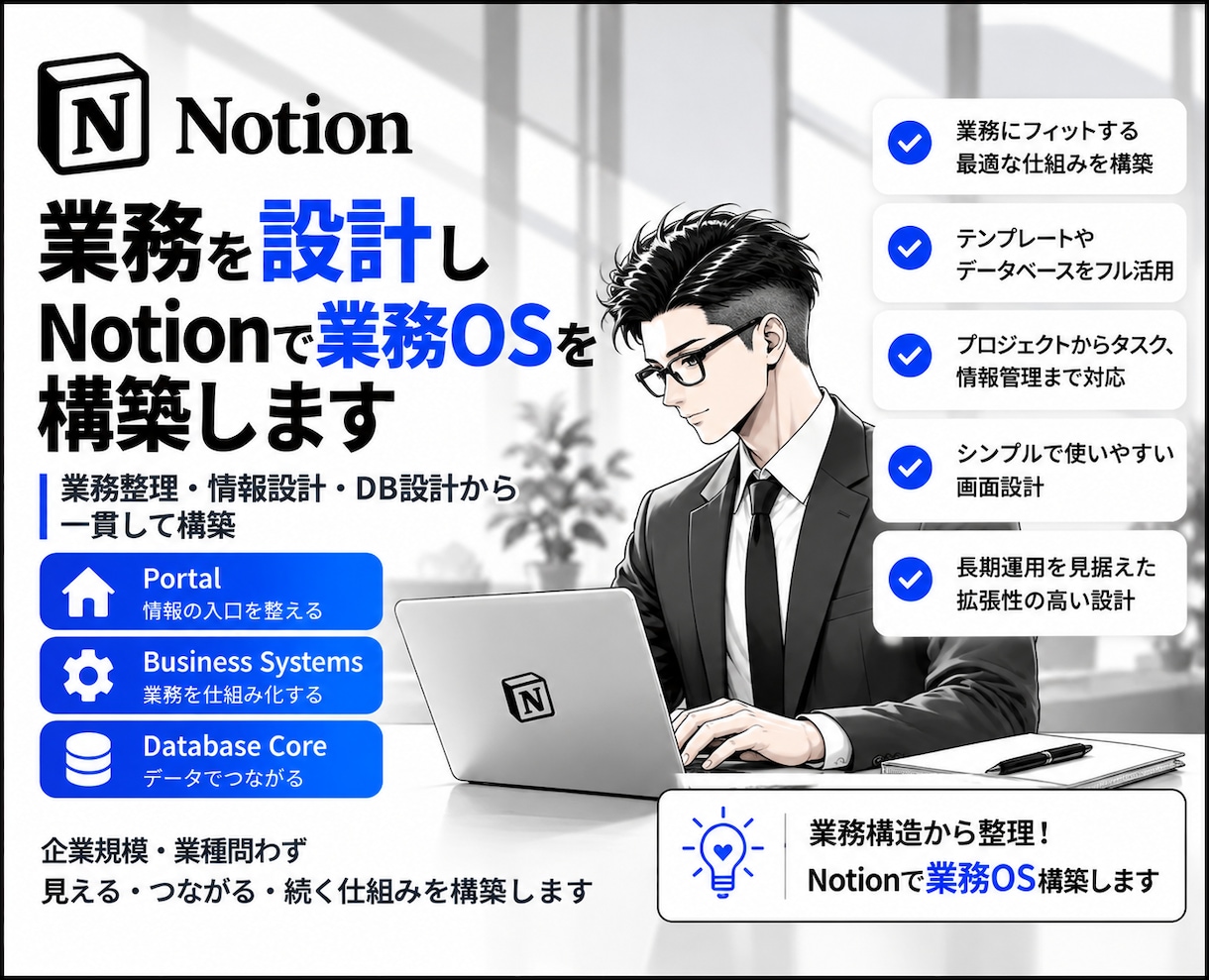 業務を設計しNotionで業務OSを構築します 業務整理・情報設計・DB設計から一貫して構築 イメージ1