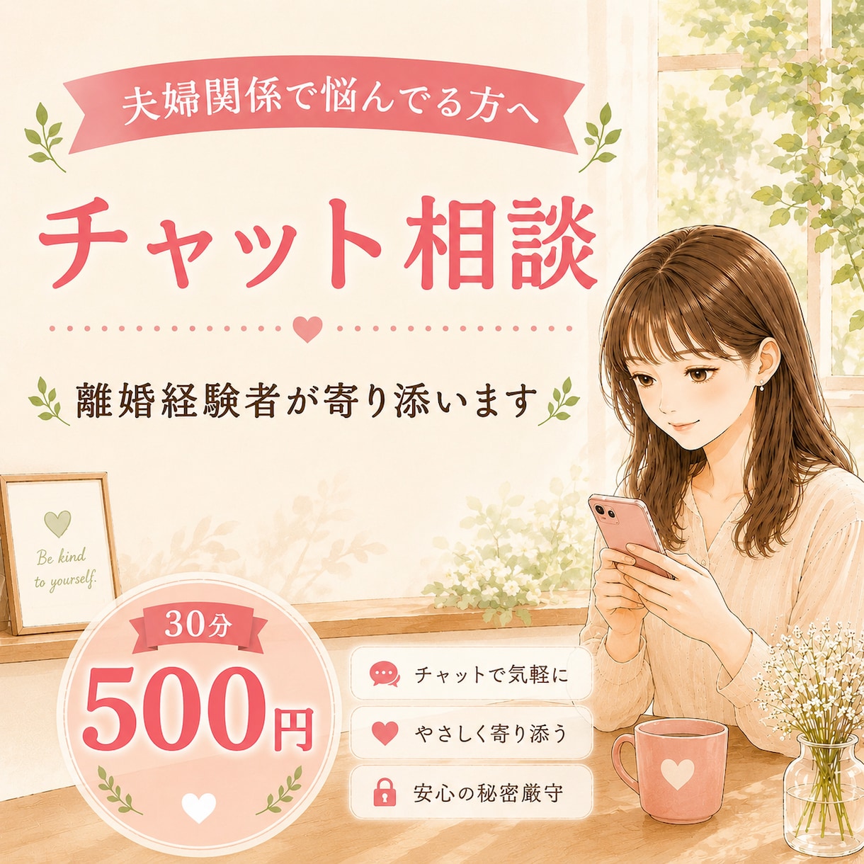 離婚経験者だからこそ、あなたの気持ちに寄り添います 自分の経験をもとに、安心して話せる場をご提供します。 イメージ1