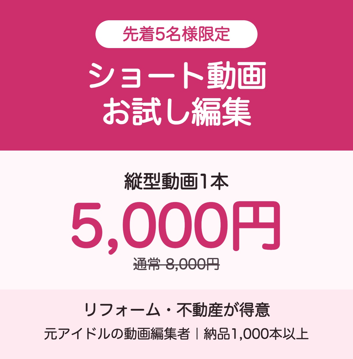 先着5名限定！ショート動画をお試し編集します リフォーム・不動産が得意｜元アイドルの動画編集者 イメージ1