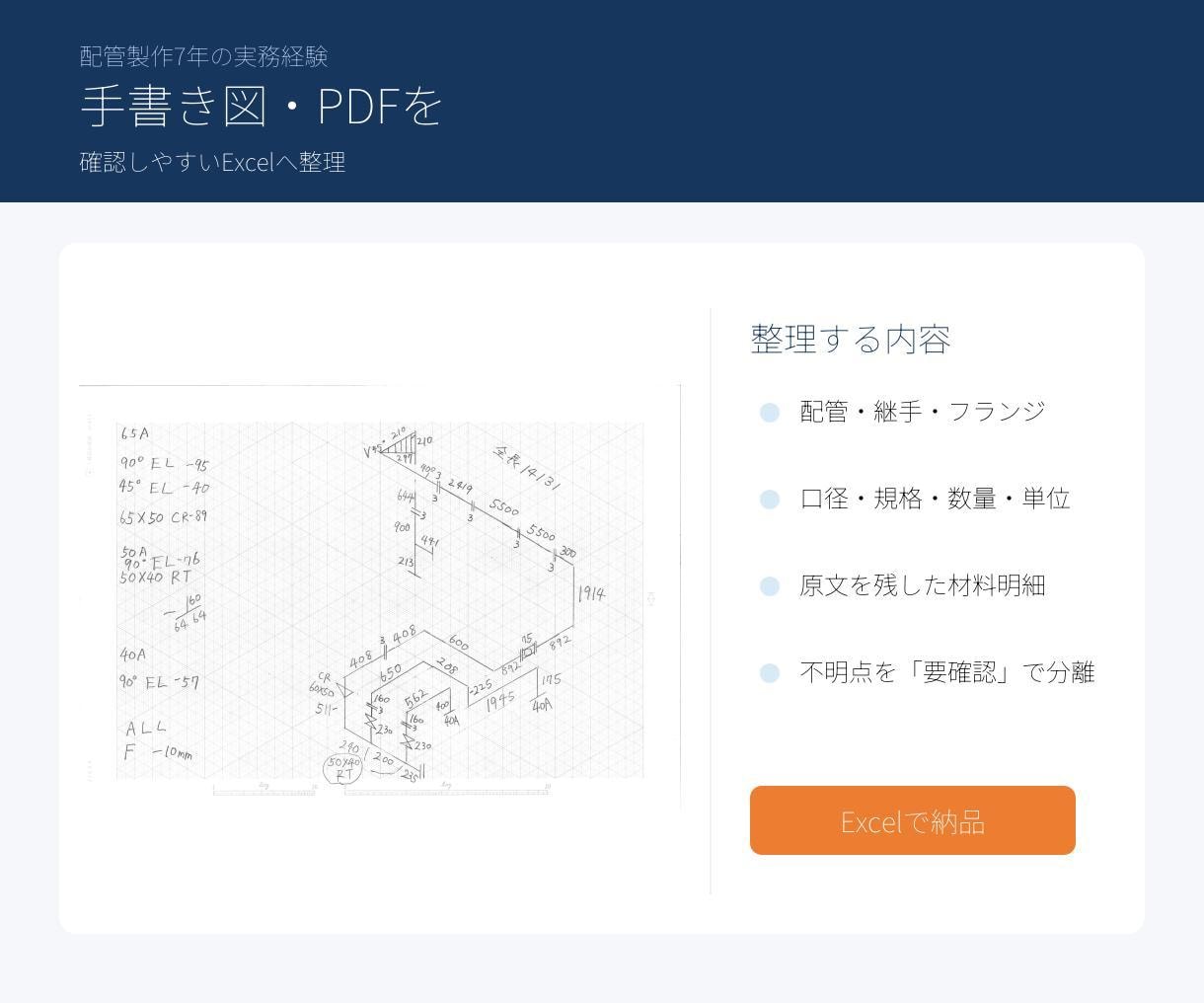 手書き・PDFの配管材料表をExcelに整理します 配管製作9年の経験をもとに原図と照合し見やすく整理 イメージ1