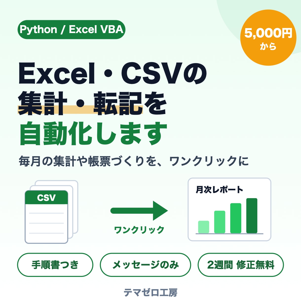 Excel・CSVの面倒な集計や転記を自動化します Python・VBA対応｜毎月の集計がワンクリックに イメージ1