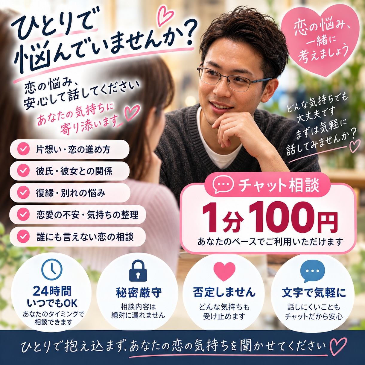 男性限定恋愛のお悩みに納得するまで相談に乗ります 30代男子の友達のようなフレンドリーに相談にのります イメージ1