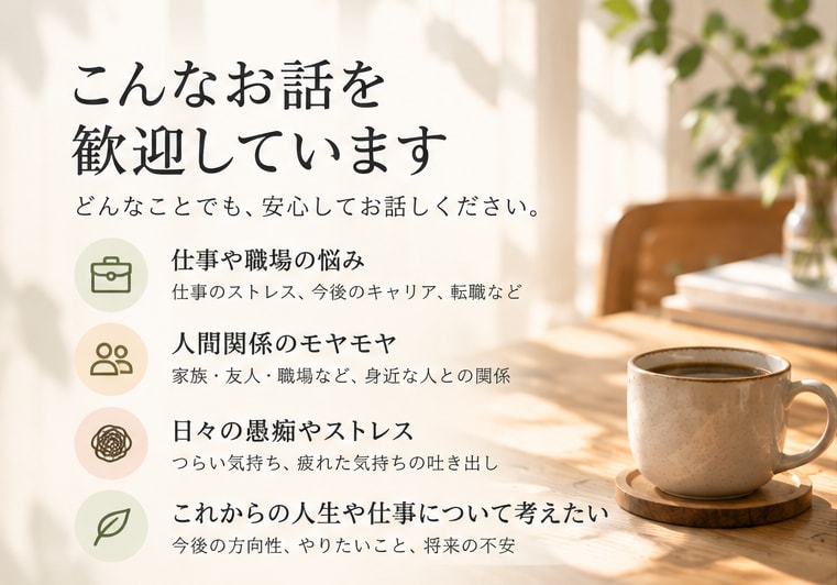 誰にも気を遣わず、あなたの話を聞きます 話すだけでも大丈夫。気持ちの整理もお手伝いします。 イメージ2