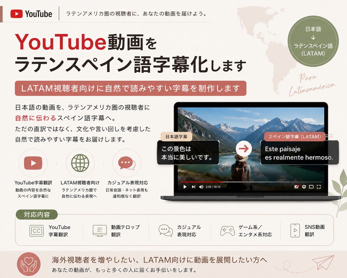 YouTube動画をラテンスペイン語字幕化します LATAM視聴者向けに自然で読みやすい字幕を制作します イメージ1