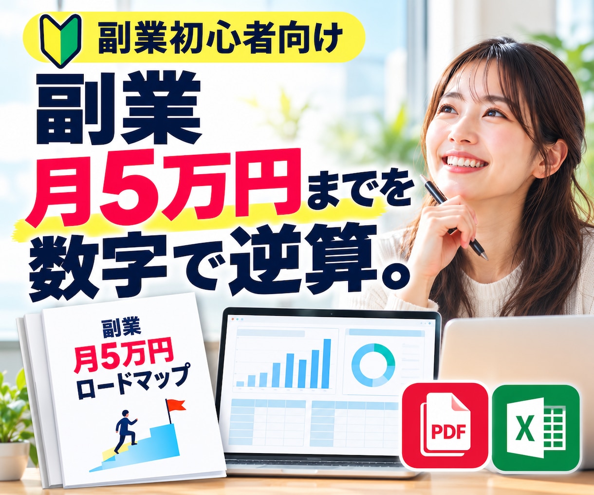 副業で月5万円稼ぐまでの道筋を数字で逆算します 何を・いくらで・何件売る？あなた専用の30日行動計画まで作成 イメージ1