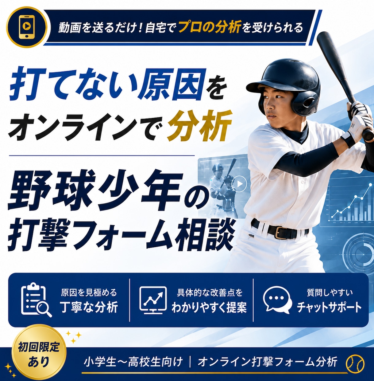 野球少年の打撃フォームをオンライン分析します 打てない原因と、明日からやる練習がわかる！ イメージ1