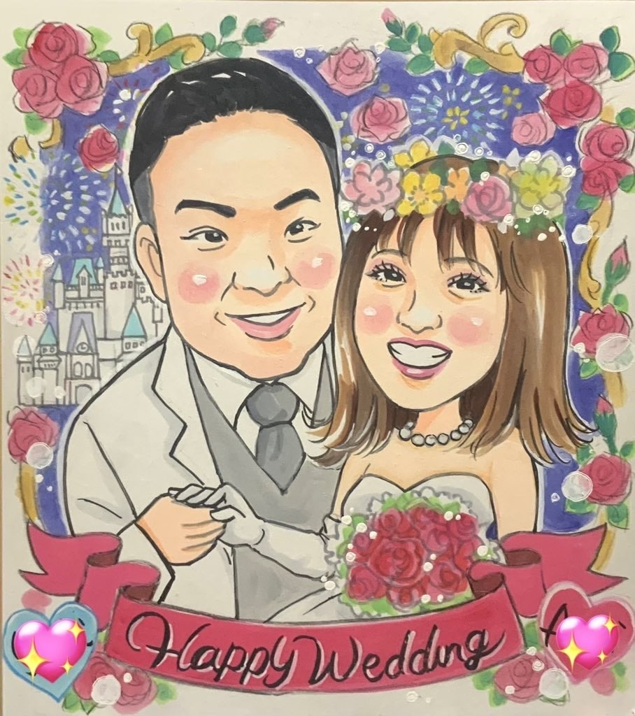 結婚祝い・ウェルカムボードに手描き似顔絵描きます 世界に一枚だけの手描き似顔絵♡おまかせ背景無料！！ イメージ1