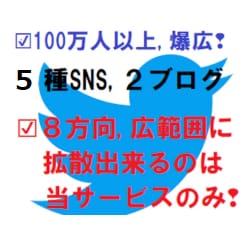 爆広❢100万へ5種ＳＮＳ,ブログ２つで宣伝します ❢範囲果てしなき❢８方向よりあなたのブログ/事業を丁寧に拡散 イメージ1