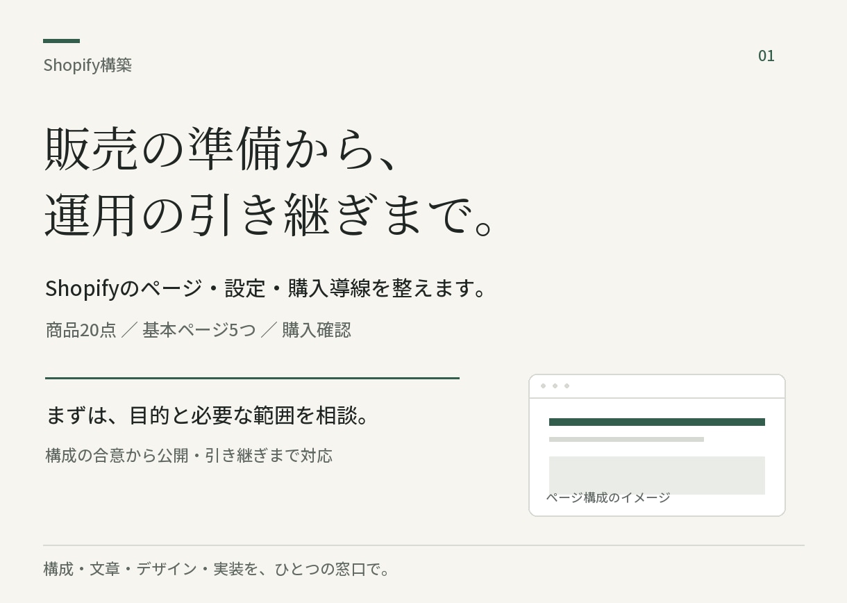 販売と運用まで考えたShopifyを構築します 商品ページ・購入導線・設定・引き継ぎまで イメージ1