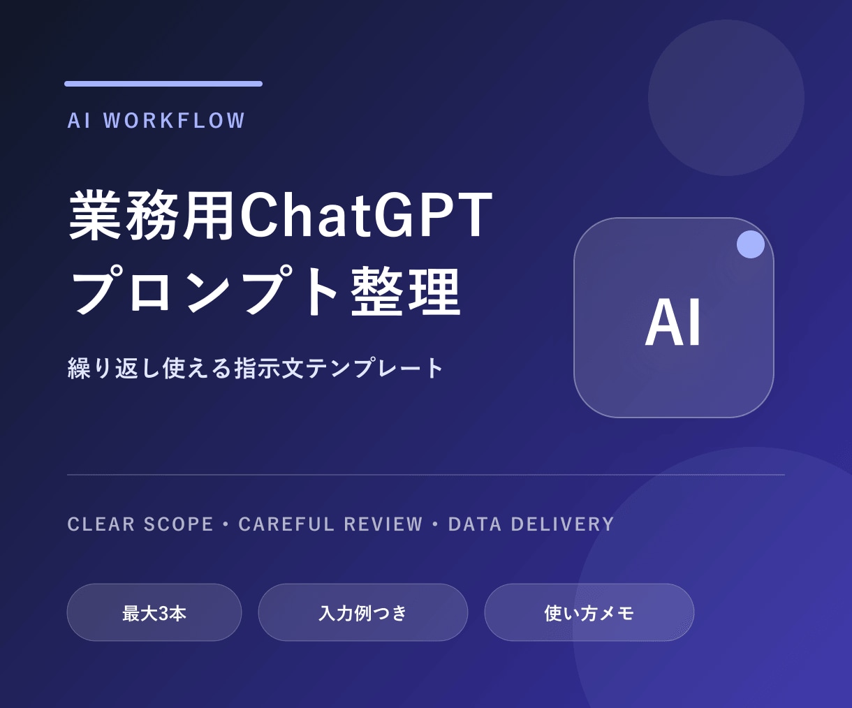 業務用ChatGPTプロンプトを整理します 目的と入力例を整理して再利用しやすい形にまとめます イメージ1