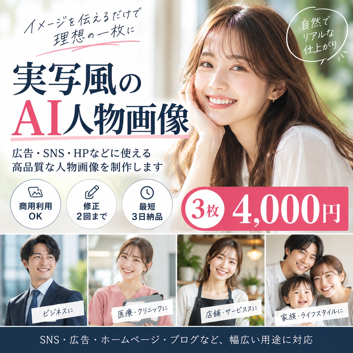 実写風のAI人物画像を制作します 広告・SNS・HPで使える人物素材を3枚制作 イメージ1