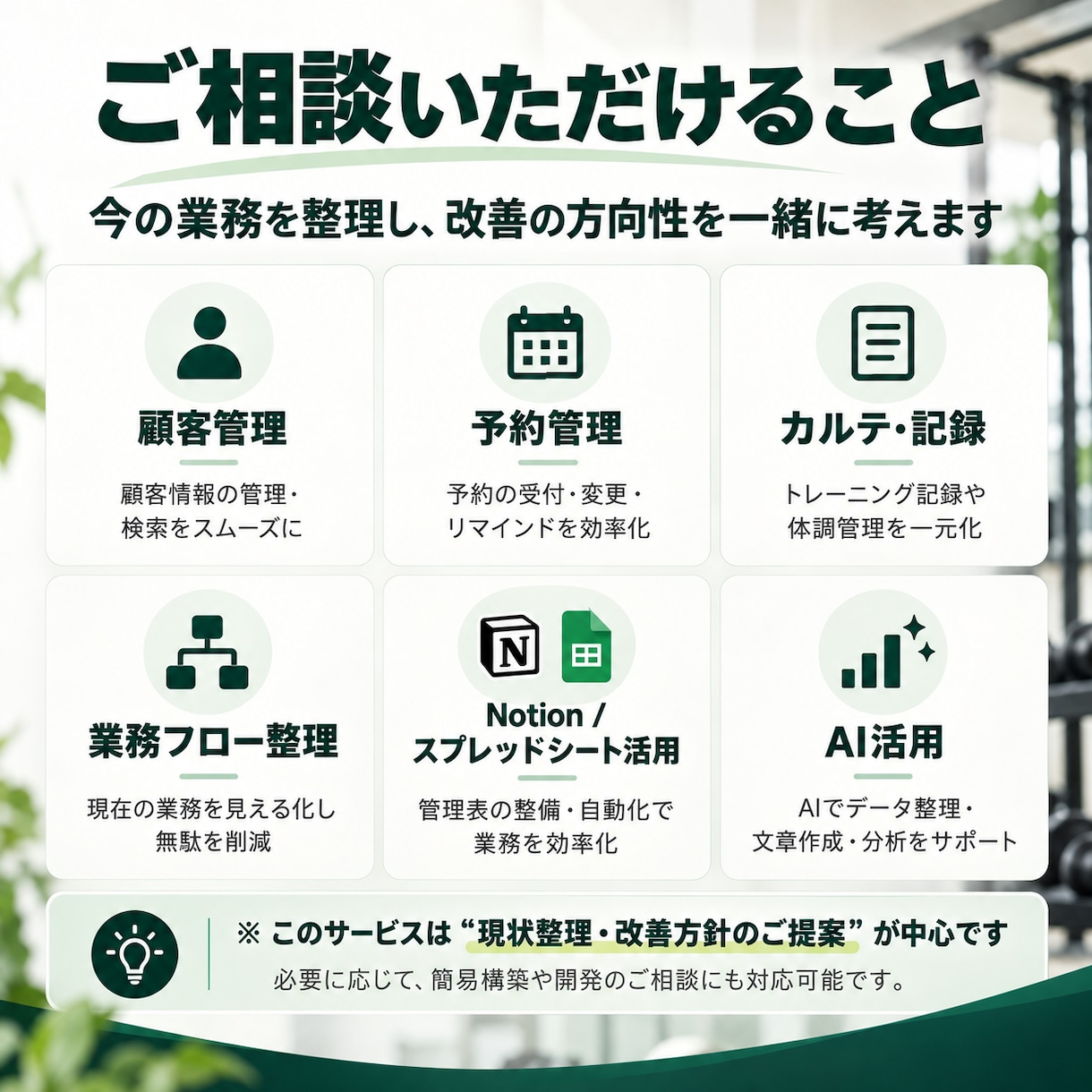 パーソナルトレーナー・ジムの業務をITで整理します 顧客管理・予約・AI活用など、業務に合った改善方法を伴走 イメージ3