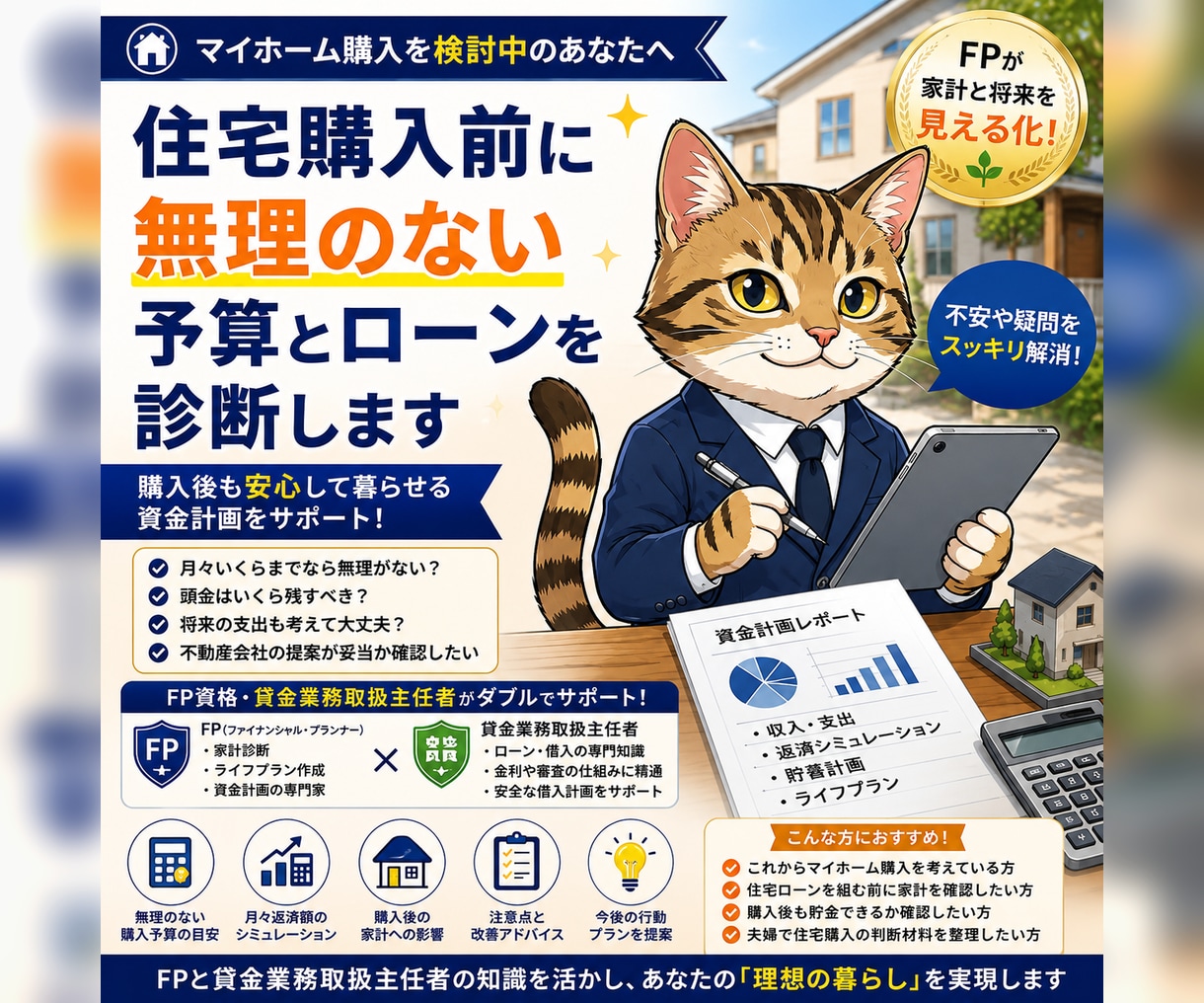 住宅購入前に無理のない予算とローンを診断します FPが家計・貯蓄・将来支出をもとに購入可能額を見える化します イメージ1