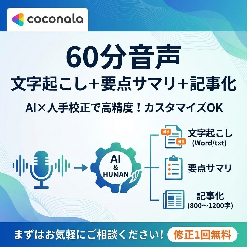 カスタマイズ大歓迎！音声の文字起こし等を行います 60分音声を90分で納品まで対応 イメージ1