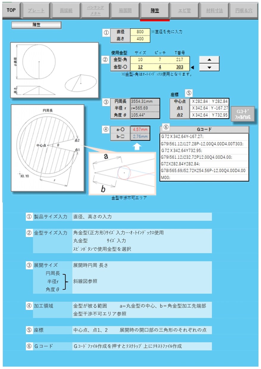 タレパン用！陣笠展開計算とNCデータ自動作成します アマダ製対応！寸法入力だけで多数個Gコードを一瞬で自動生成 イメージ1