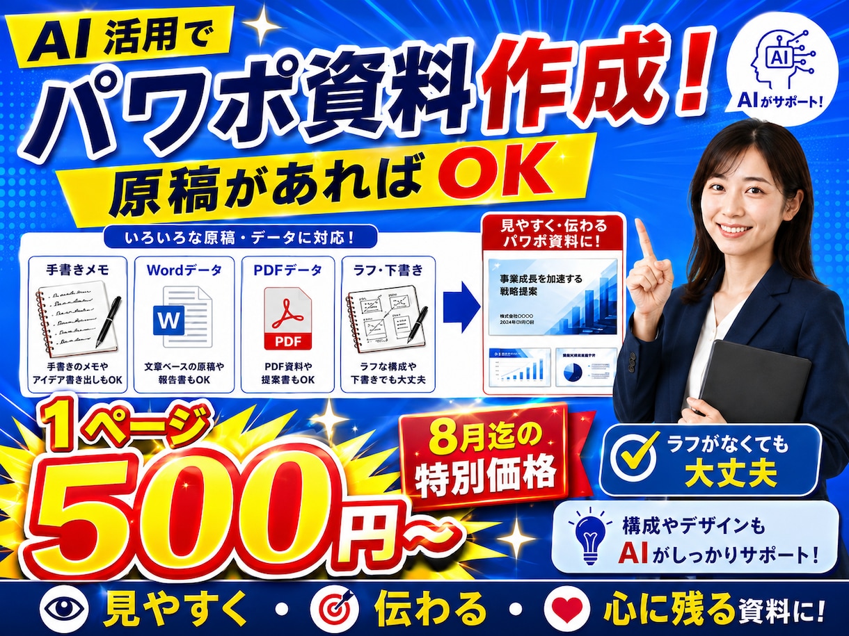 伝わるPowerPoint資料を低価格で制作します 500円/ページ　8月末までの限定お試し価格で イメージ1