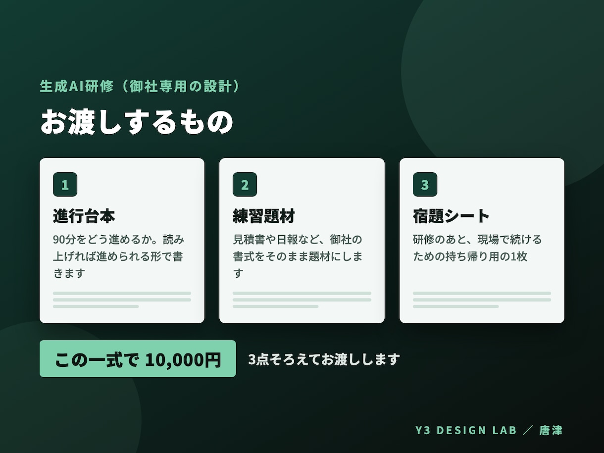 生成AI研修を御社の見積書や日報で設計します よそで作った教材は使いません。御社の仕事で イメージ3