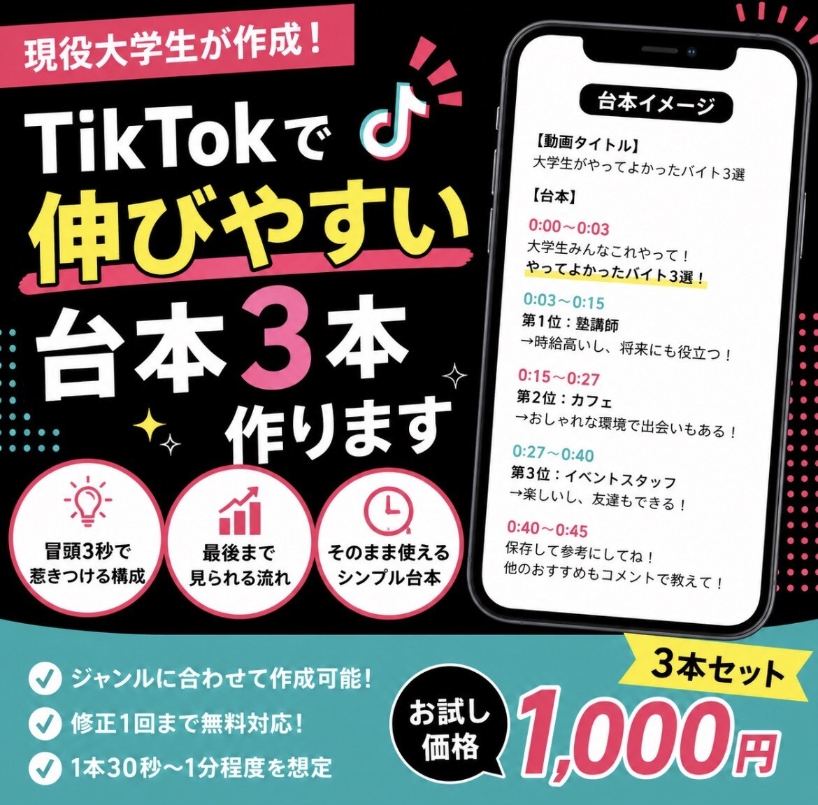 TikTokで伸びやすい台本3本作ります 現役の視点、SNSネイティブによる強みを出せます イメージ1
