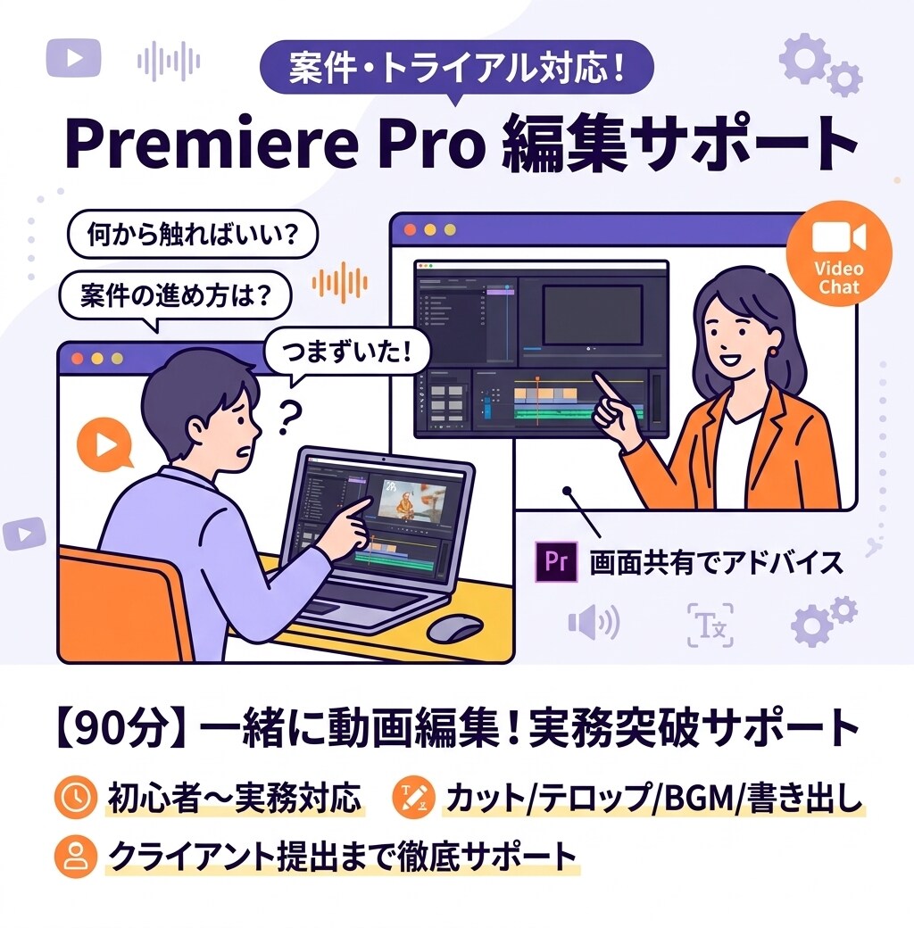 案件獲得後の動画編集を一緒に進めます 初心者OK。操作方法も丁寧にサポートします イメージ1