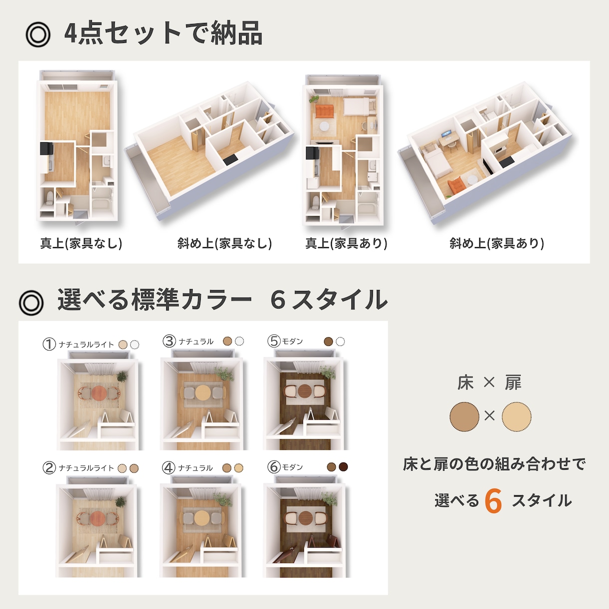 平面の間取り図を見やすい3Dにします 図面を送るだけ。家具あり・なし4点セットで納品！ イメージ2