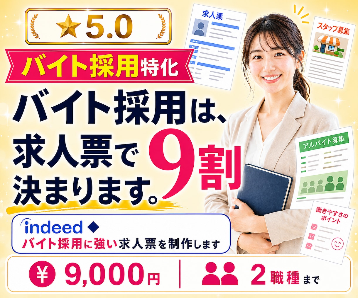 Indeed◎バイト採用に強い求人票を制作します バイト採用は、求人票で9割決まります。 イメージ1